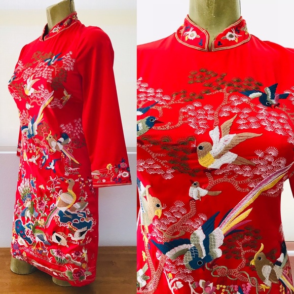Heavily-EMBROIDERED Bird Theme CHINOISERIE Dress S - Picture 2 of 16